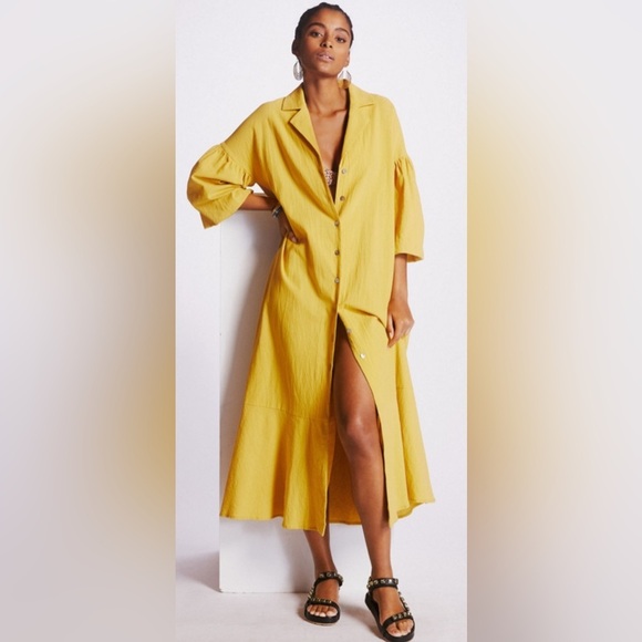 Margo Baridon Relaxed midi dress Yellow puff sleeve button down dress size large - Picture 4 of 17